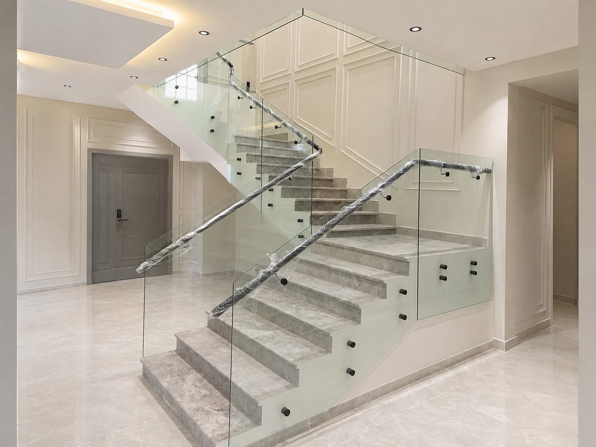 Frameless tempered-glass staircase balustrade with a wrapped handrail