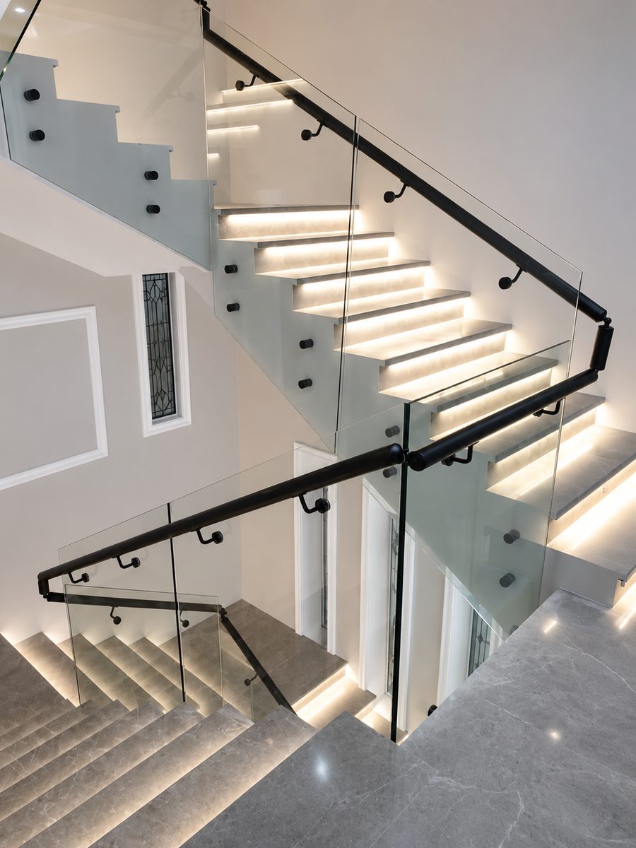 Frameless glass staircase balustrade with a black handrail and warm LED step lighting